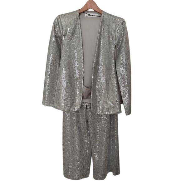 Zara Silver Sequin Cape & High-Rise Culottes Cropped Pants Set NWT- Size S - Picture 7 of 12